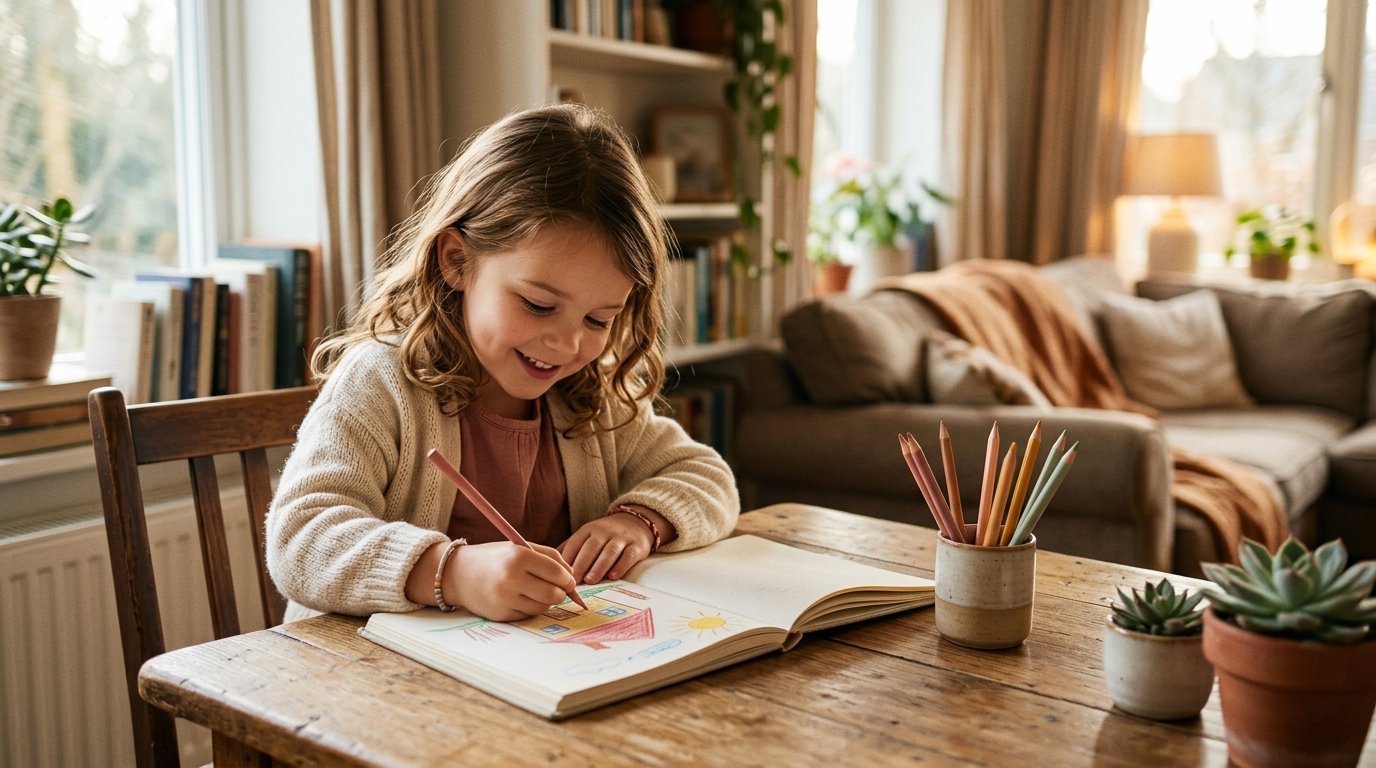 A child drawing redstone circuits in a notebook, cozy living room background